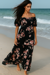 Blue Floral Short Sleeves Maxi Dress
