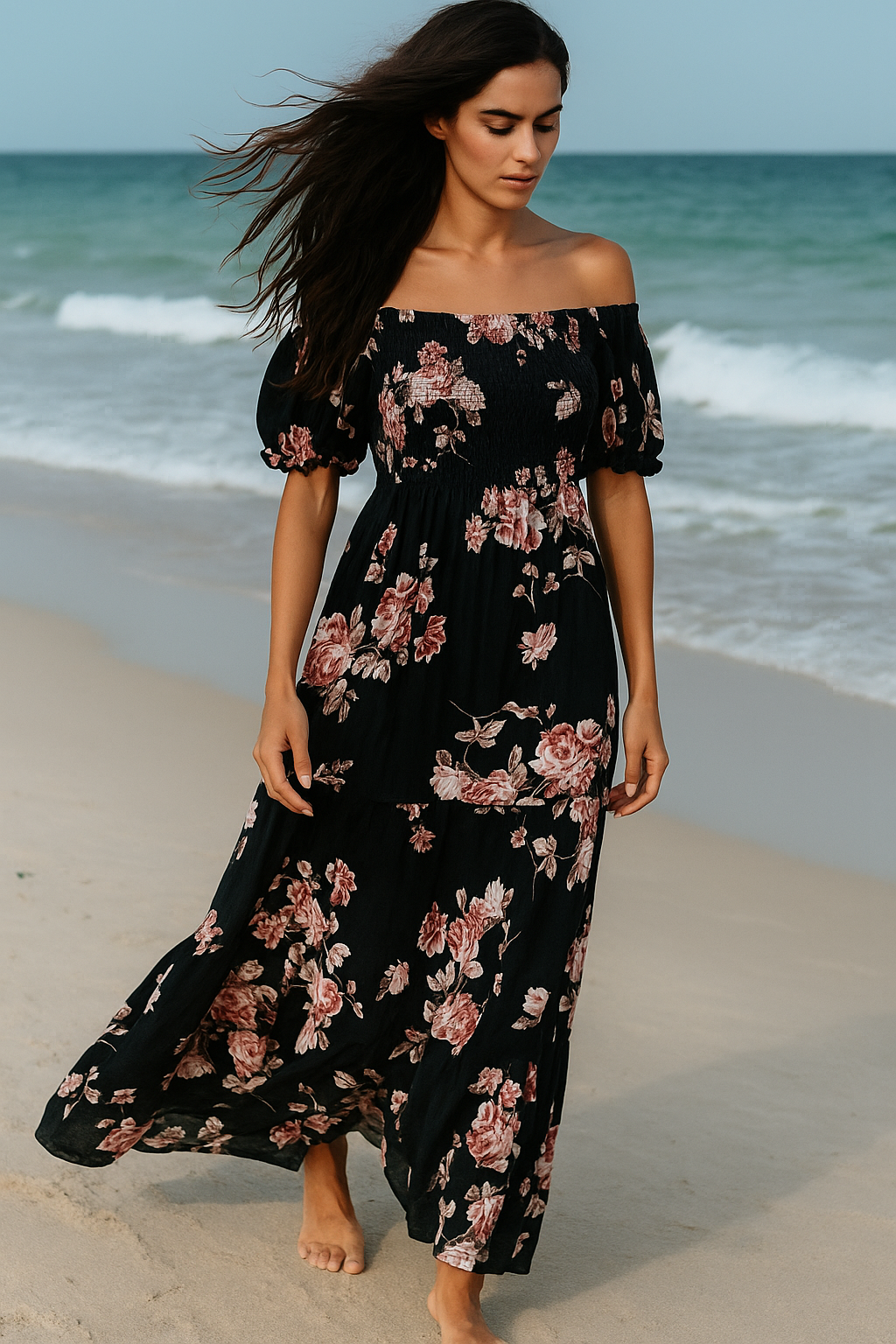 Blue Floral Short Sleeves Maxi Dress