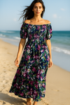 Blue Floral Short Sleeves Maxi Dress