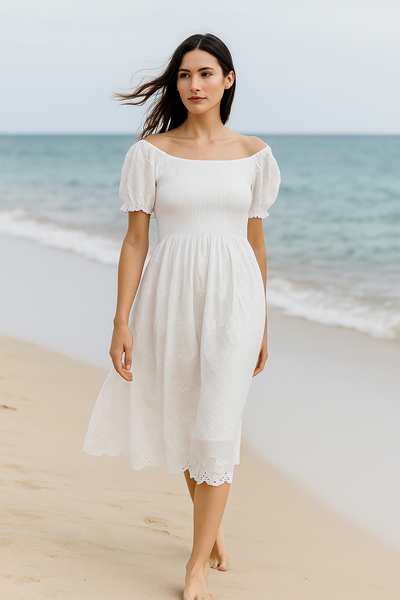 White light Embroidered Cotton Short Sleeves Mini Dress