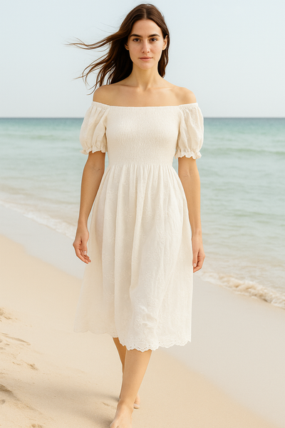 White light Embroidered Cotton Short Sleeves Mini Dress
