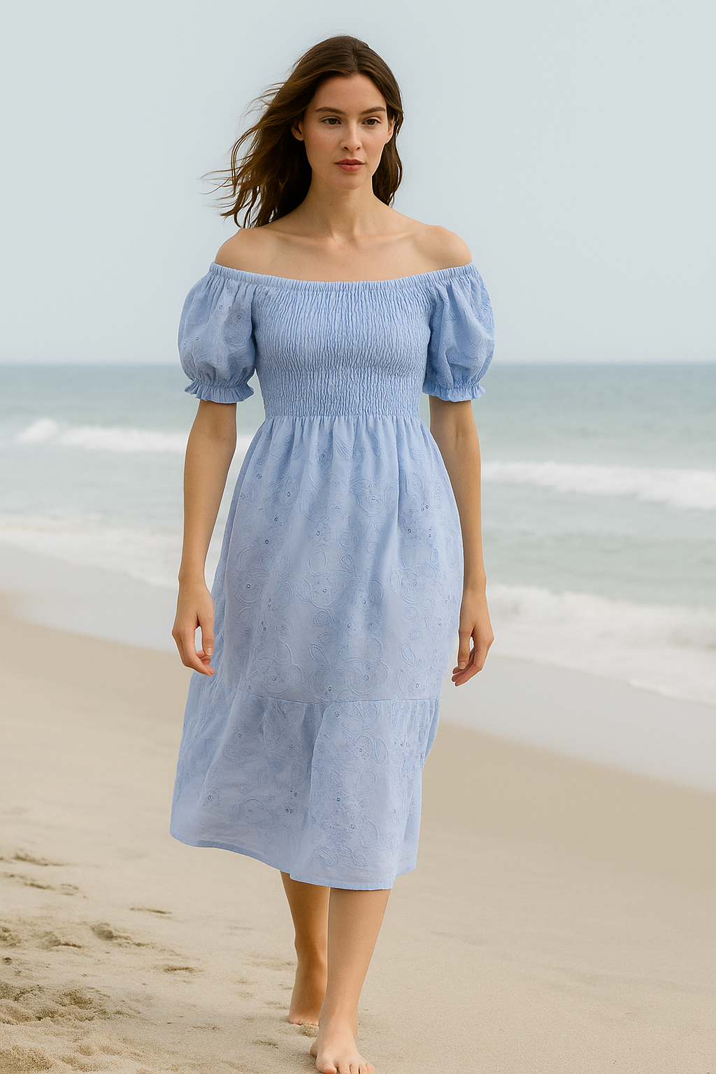 White light Embroidered Cotton Short Sleeves Mini Dress