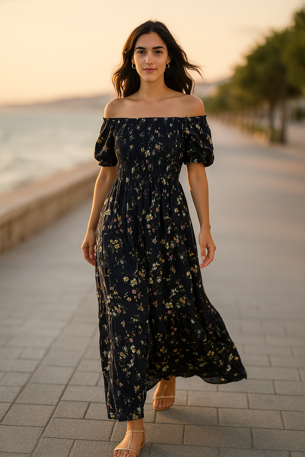 White Floral Short Sleeves Maxi Dress