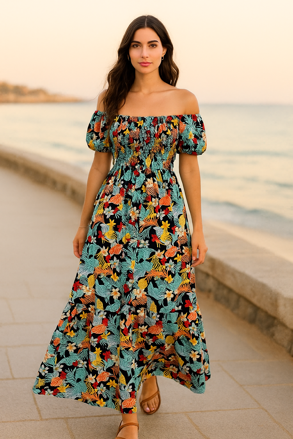 White Floral Short Sleeves Maxi Dress