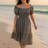 Mini Floral Short Sleeves Dress Rayon Cotton
