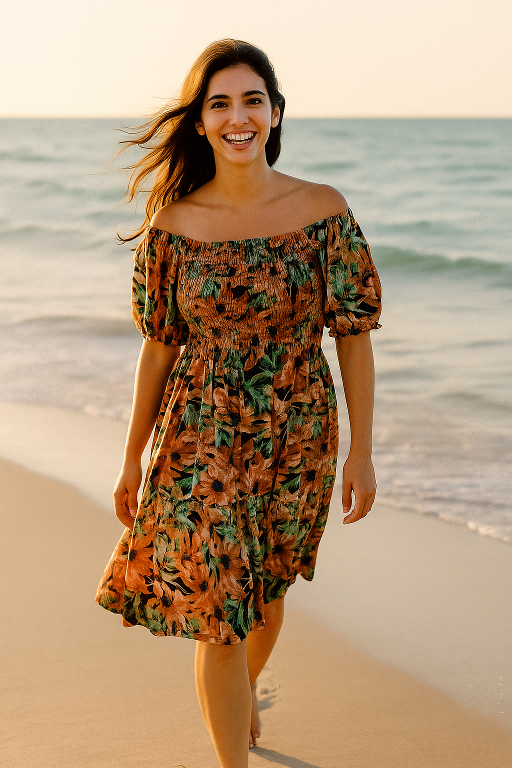 Mini Floral Short Sleeves Dress Rayon Cotton