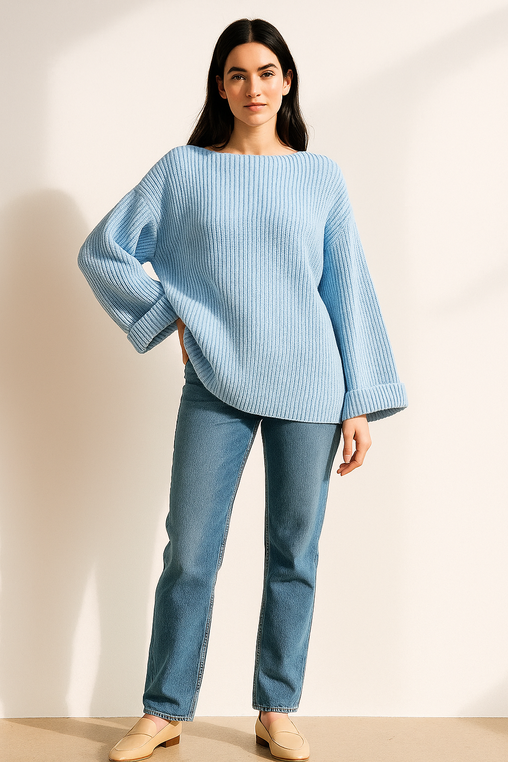 Wide Sleeve Ribbed Knit Sweater