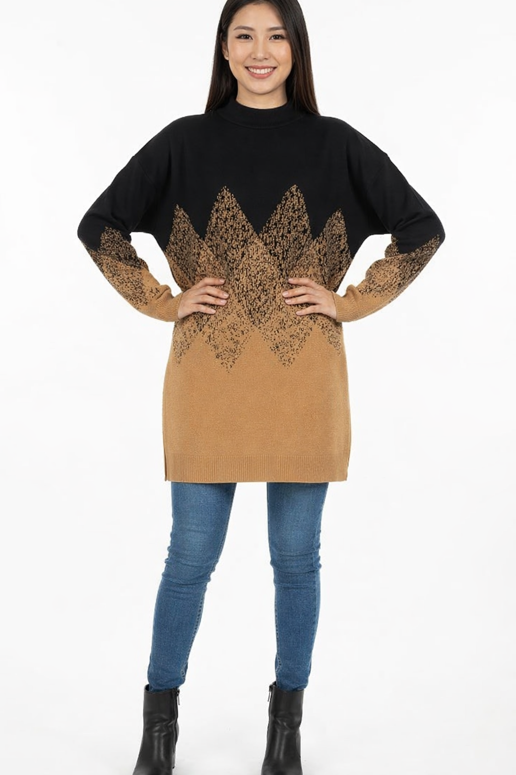 Geometric Pattern Oversized Turtleneck Top
