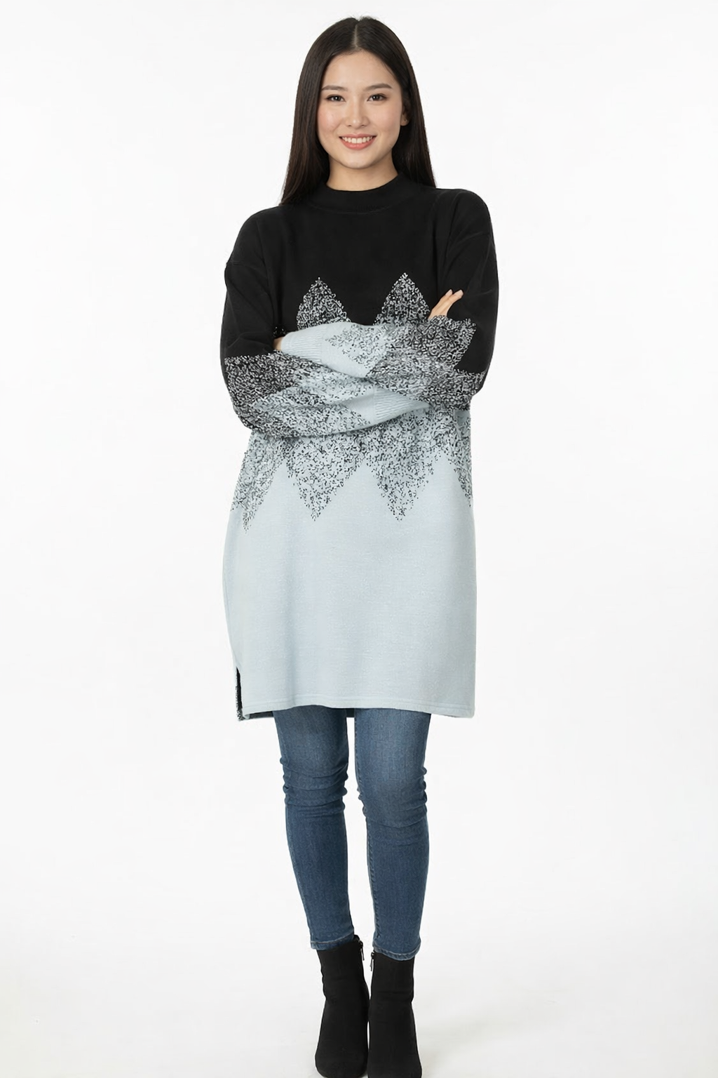Geometric Pattern Oversized Turtleneck Top