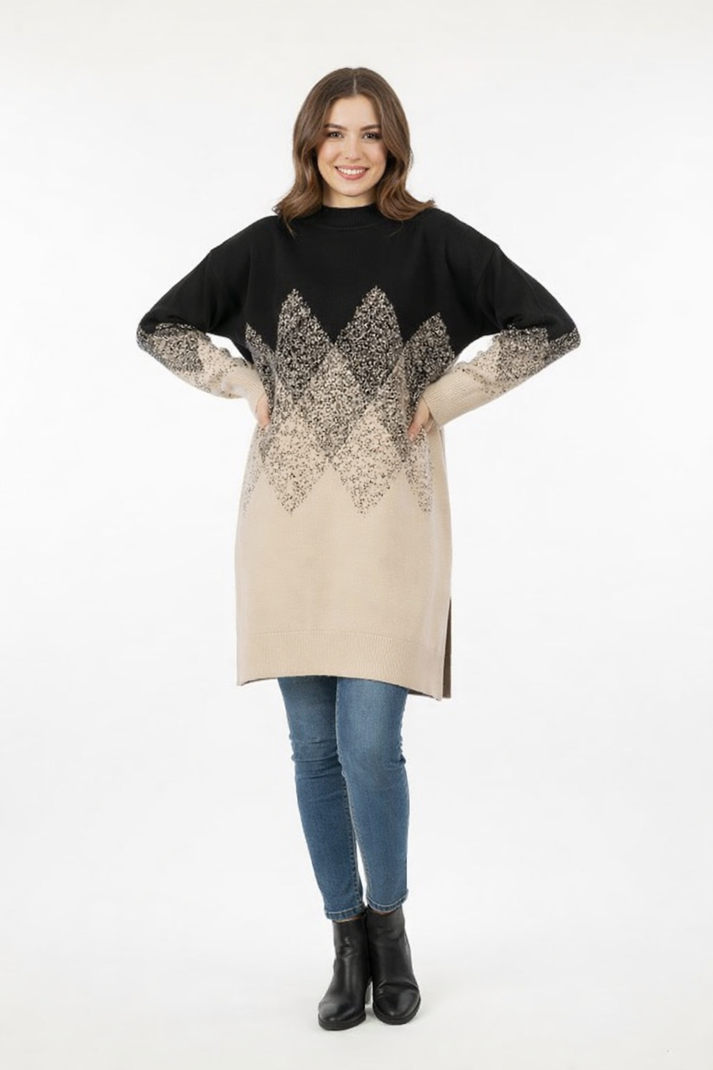 Geometric Pattern Oversized Turtleneck Top