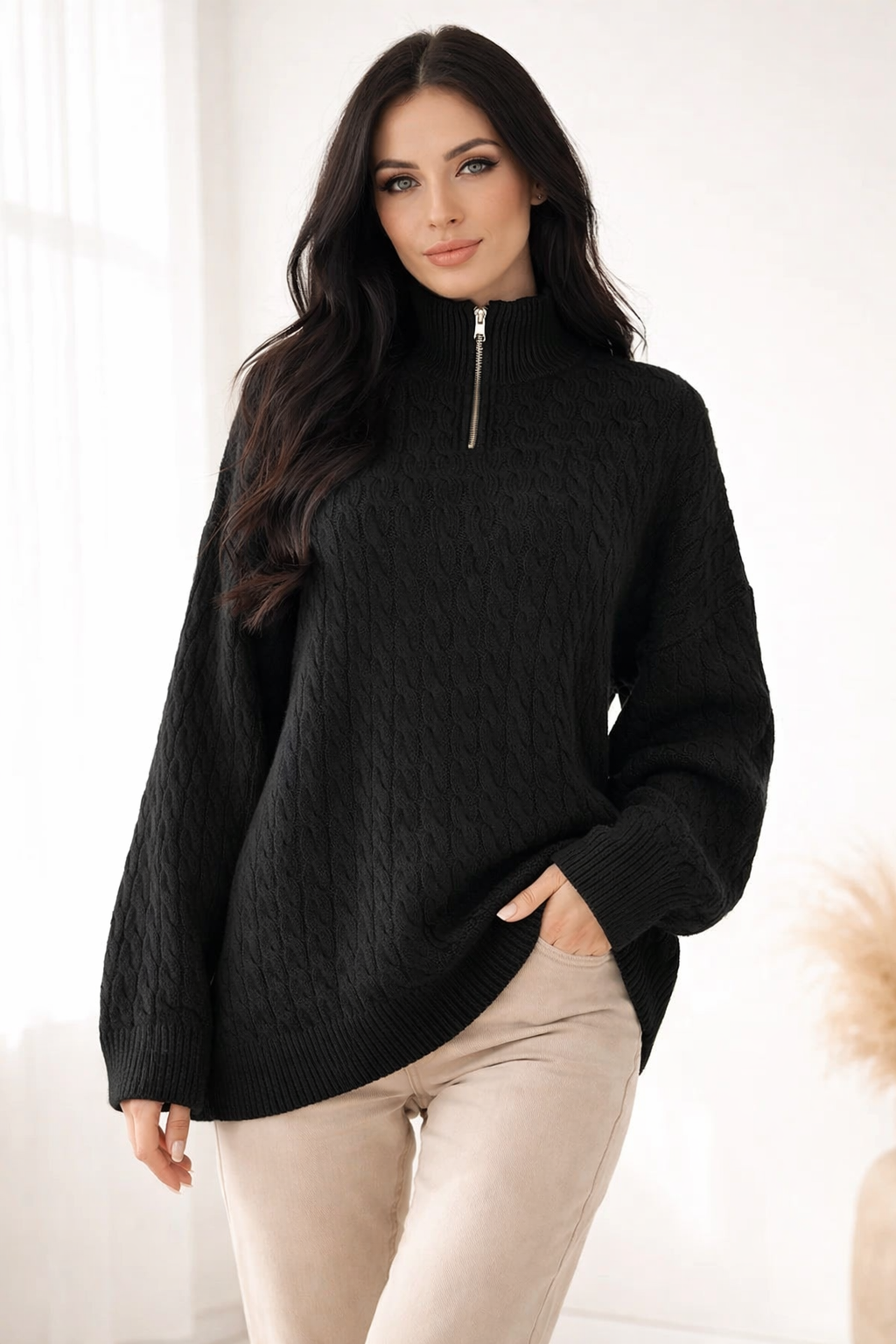 Cable Knit Quarter-Zip Sweater Turtleneck Tunic