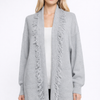 Textured Knit Long Cardigan – Open Front with Fringe Trim