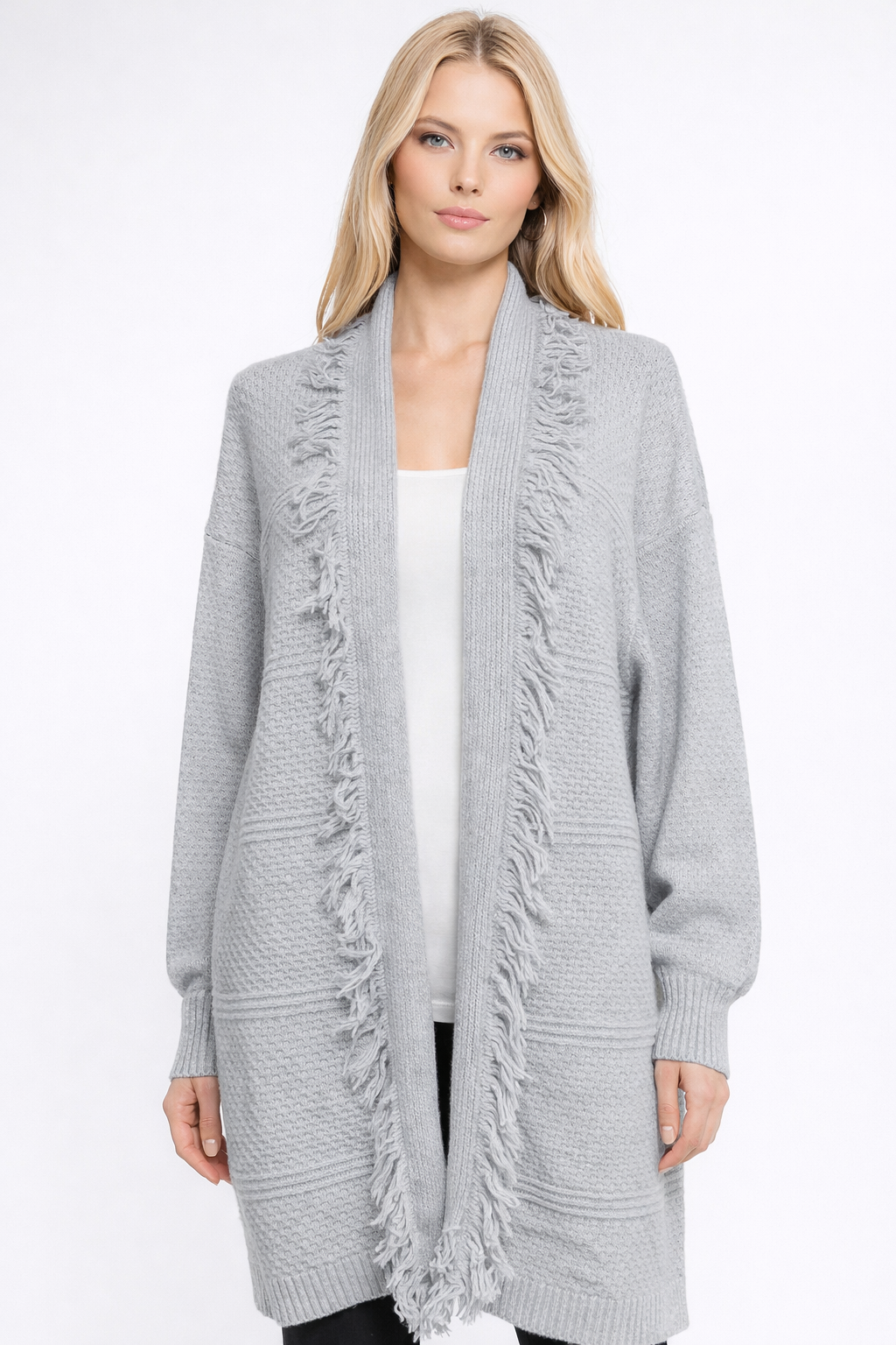Textured Knit Long Cardigan – Open Front with Fringe Trim