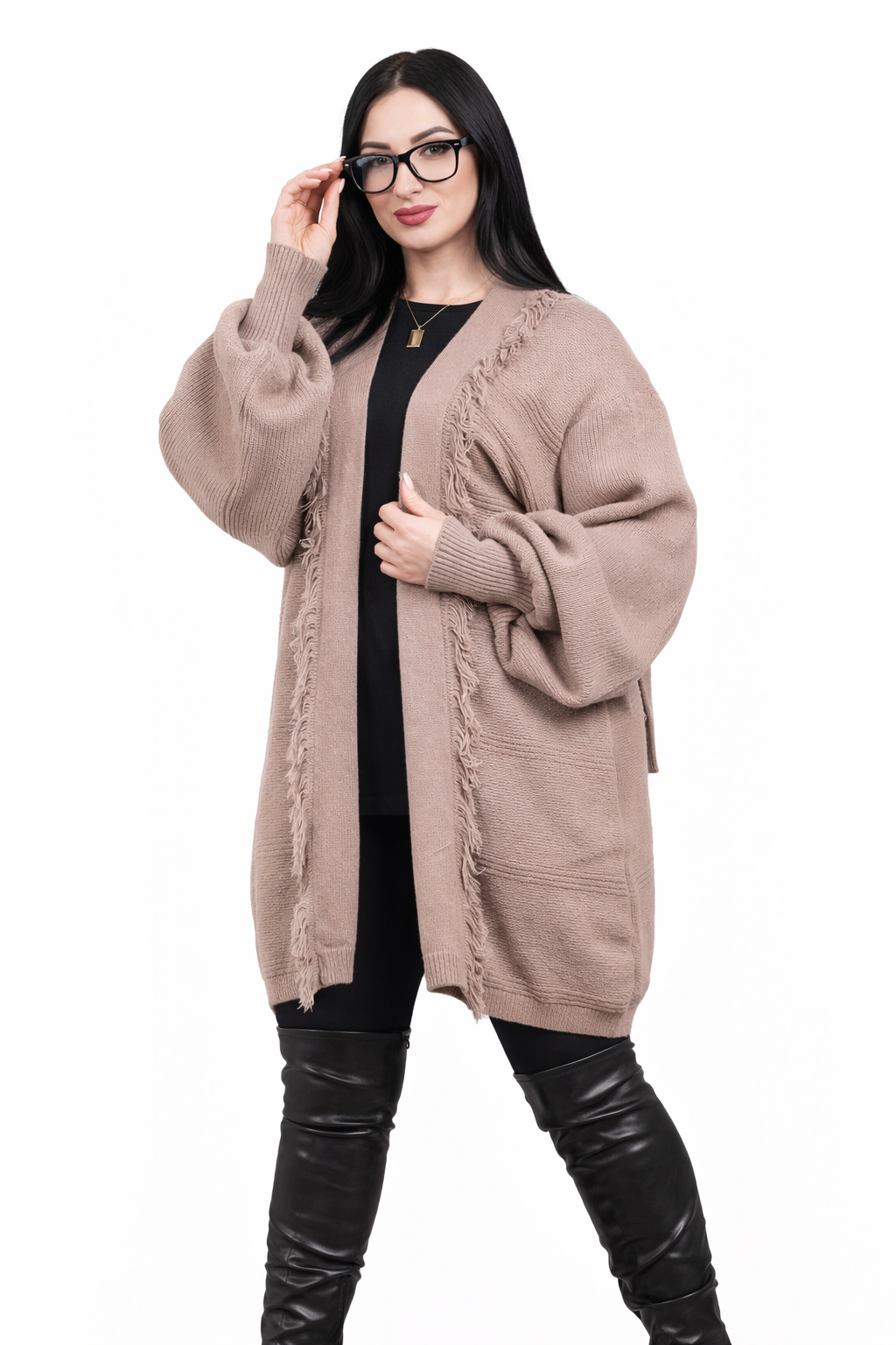 Textured Knit Long Cardigan – Open Front with Fringe Trim