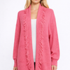 Textured Knit Long Cardigan – Open Front with Fringe Trim