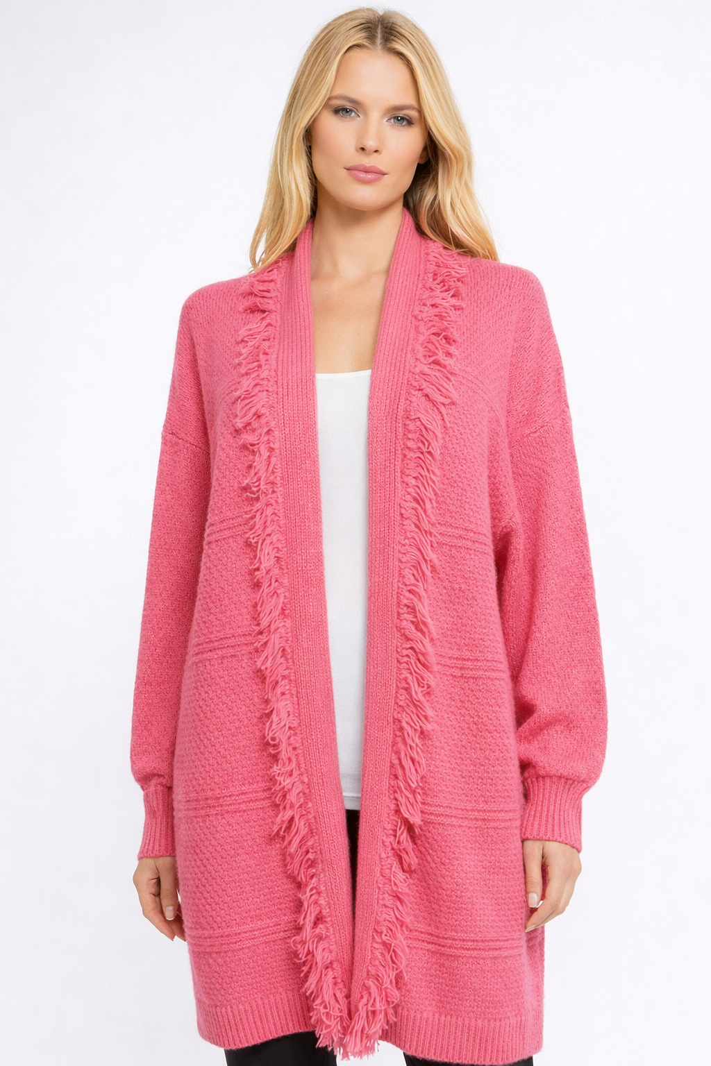 Textured Knit Long Cardigan – Open Front with Fringe Trim