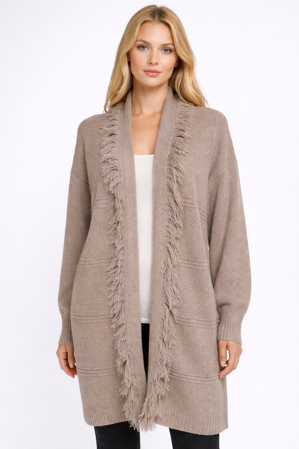 Textured Knit Long Cardigan – Open Front with Fringe Trim