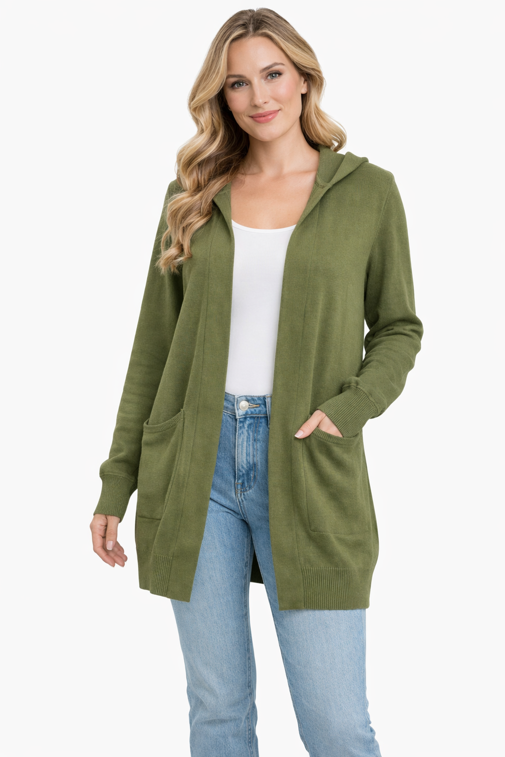 Hooded Open-Front Cardigan – Longline Knit with Patch Pockets