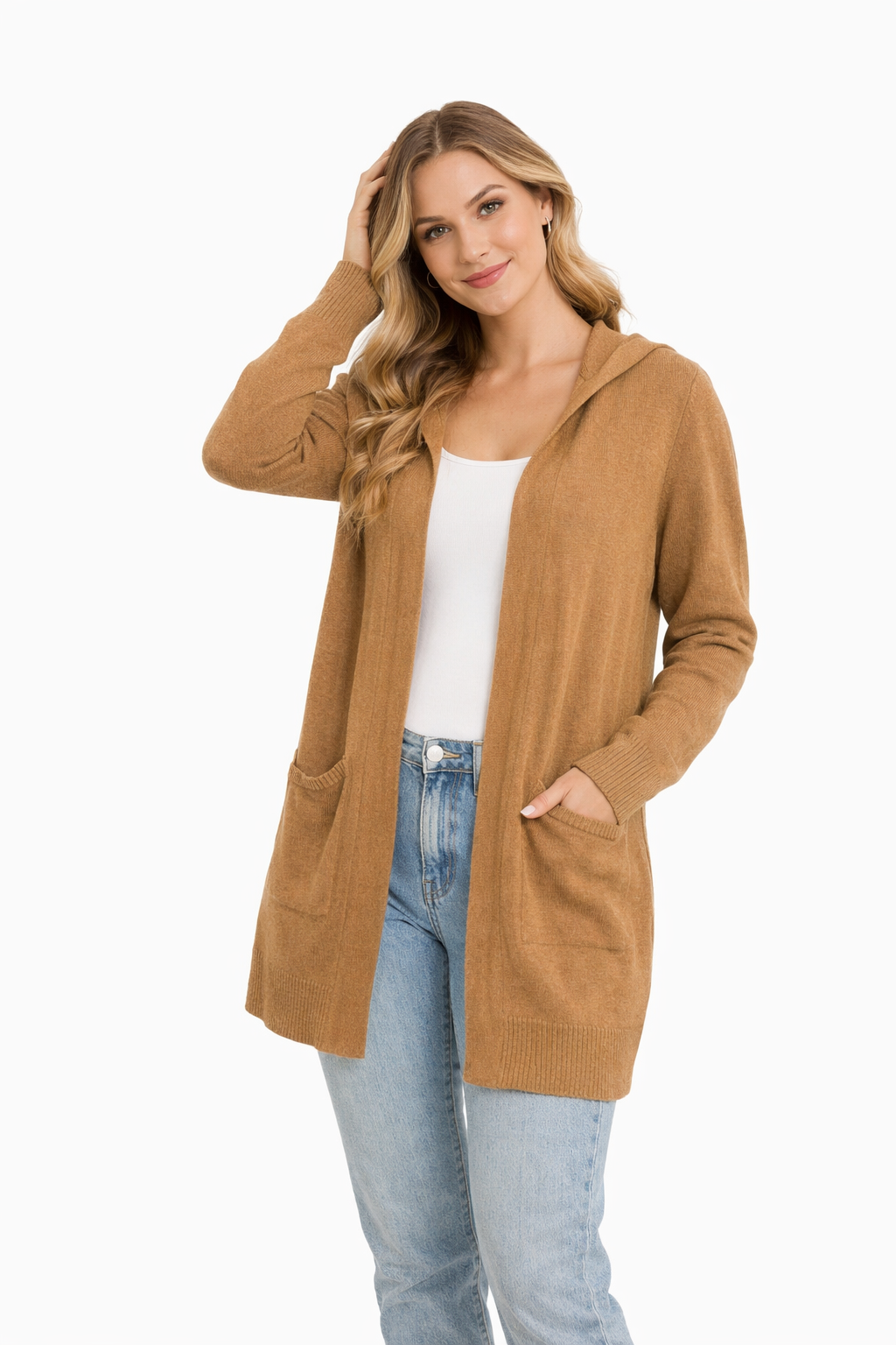 Hooded Open-Front Cardigan – Longline Knit with Patch Pockets