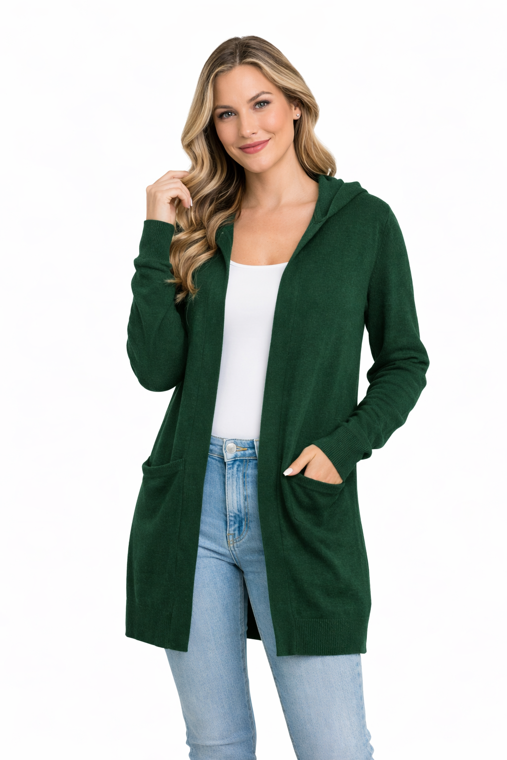Hooded Open-Front Cardigan – Longline Knit with Patch Pockets