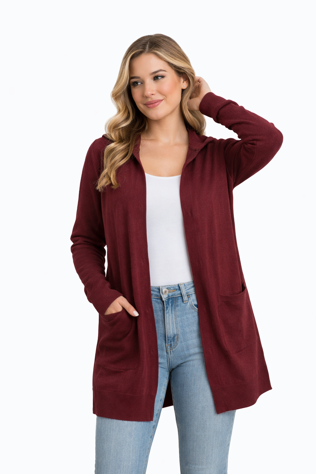 Hooded Open-Front Cardigan – Longline Knit with Patch Pockets