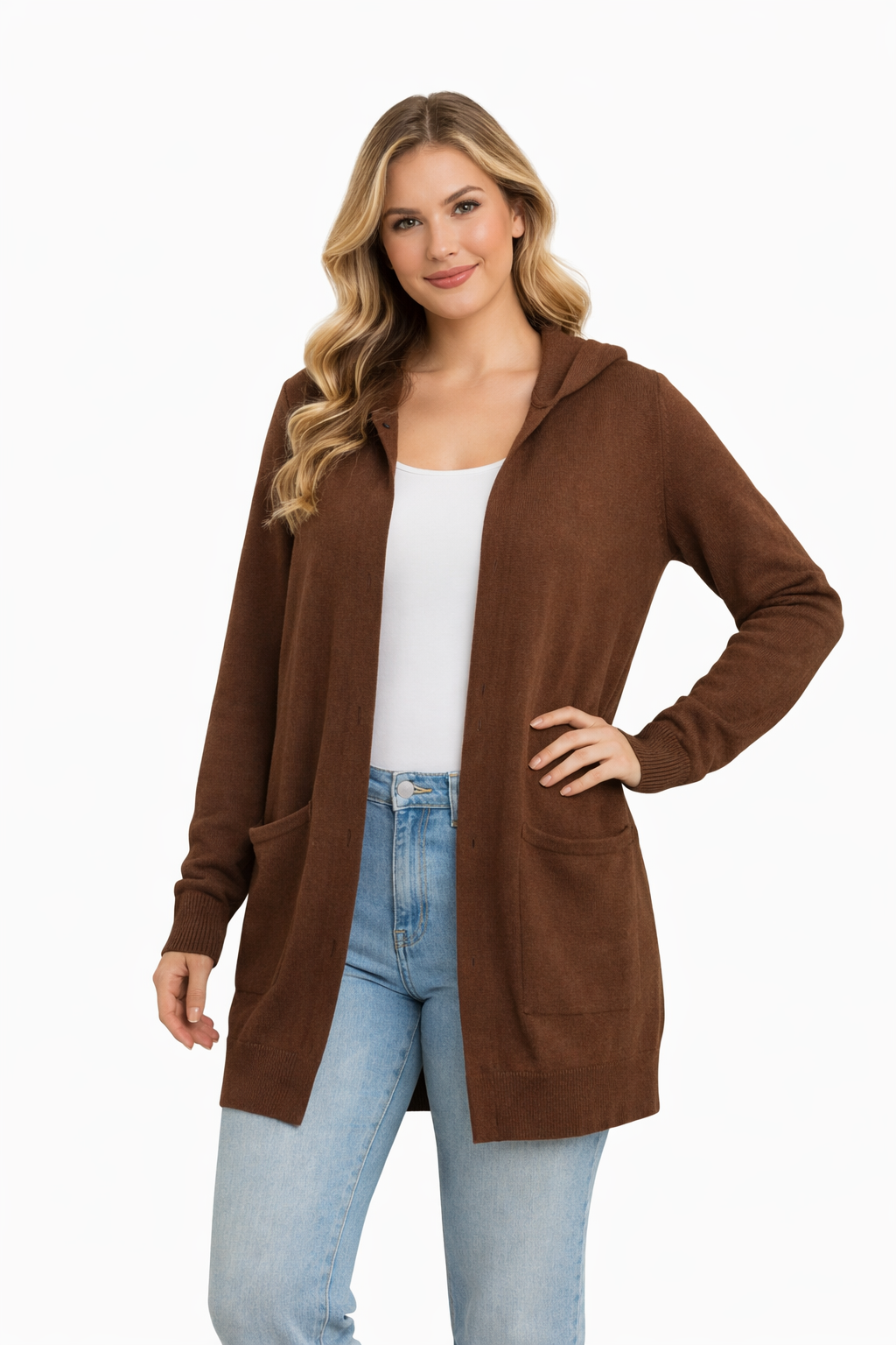 Hooded Open-Front Cardigan – Longline Knit with Patch Pockets
