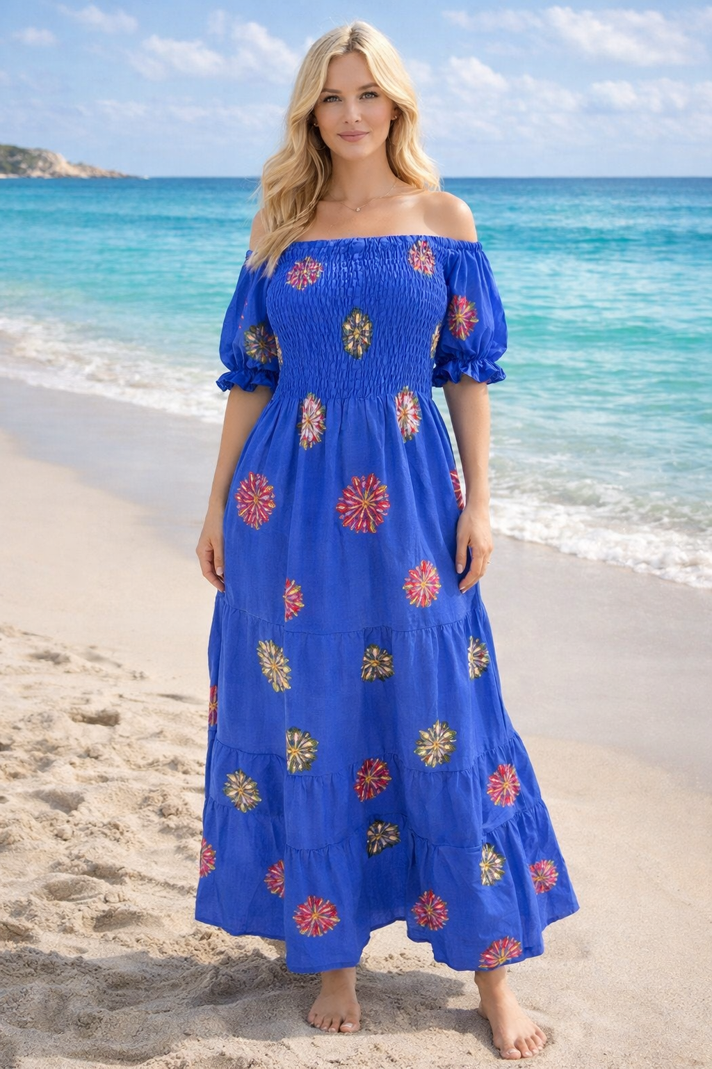 Rayon Cotton Embroideredshort Sleeves maxi dress