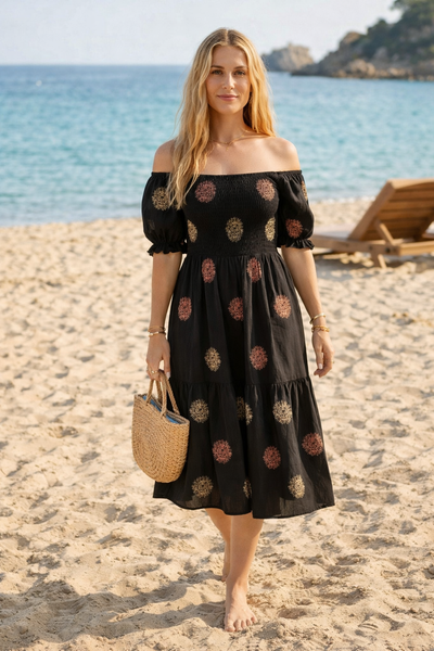 Rayon Cotton Embroidered short Sleeves mini dress