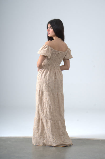Thick Embroidered Cotton Short Sleeves Maxi Dress