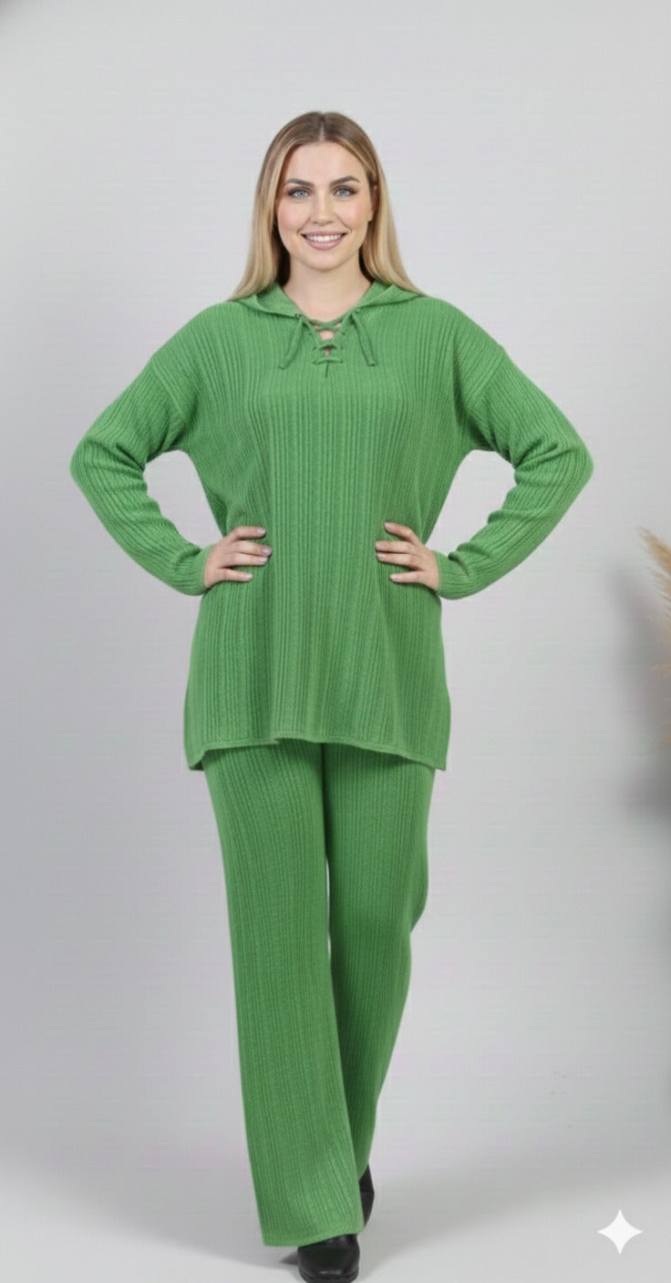 Ribbed Knit Lounge Set – Lace-Up Collar Top & Wide-Leg Pants