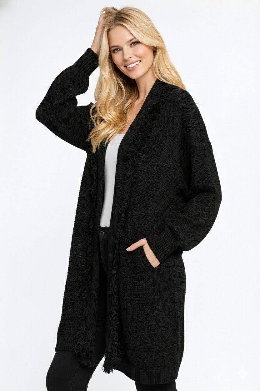 Textured Knit Long Cardigan – Open Front with Fringe Trim