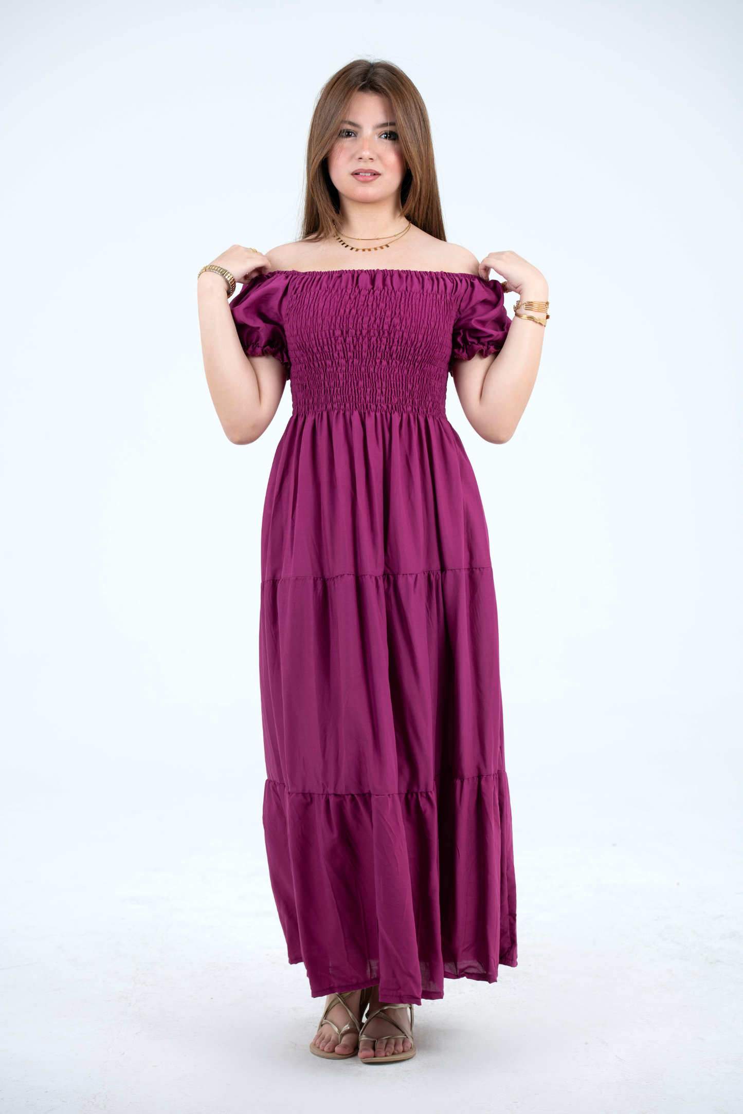 Plain Rayon Short Sleeves Maxi Dress