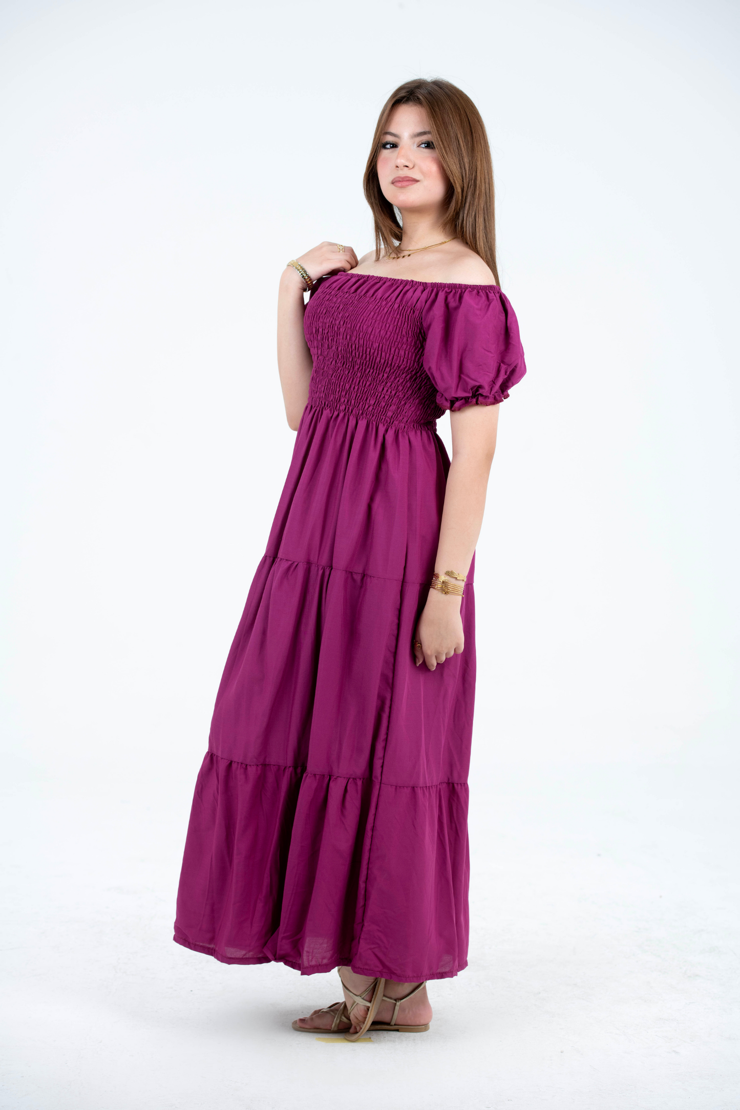 Plain Rayon Short Sleeves Maxi Dress