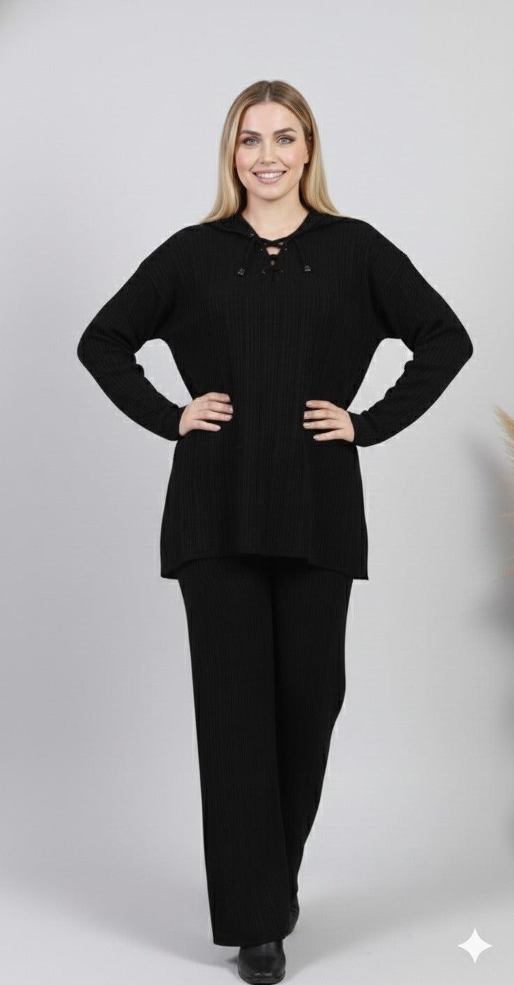 Ribbed Knit Lounge Set – Lace-Up Collar Top & Wide-Leg Pants