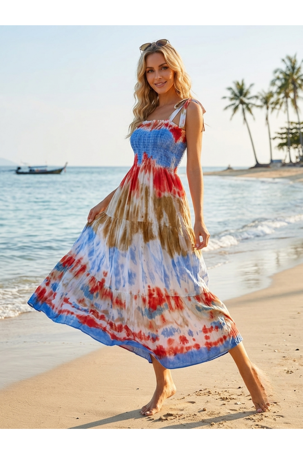 Basic Wear Club | Women's Tie-Strap Tiered Beach Maxi Sundress | One Size (Fits Up to 85 KG)