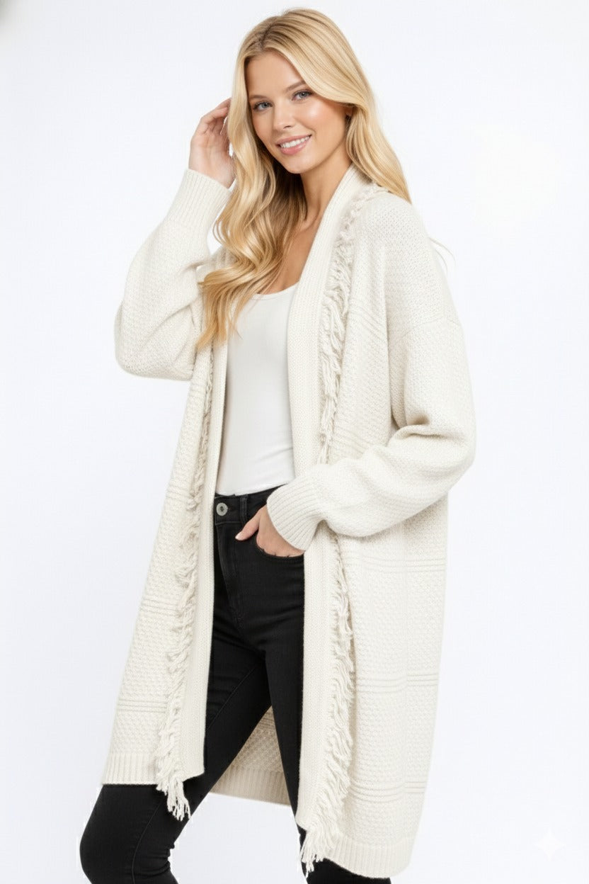Textured Knit Long Cardigan – Open Front with Fringe Trim