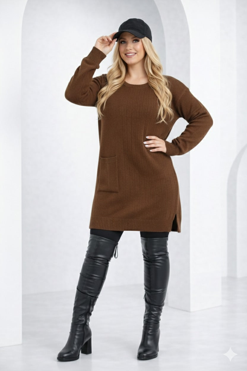 Women’s Knit Sweater Dress – Mock Neck, Long Sleeve, Front Pocket