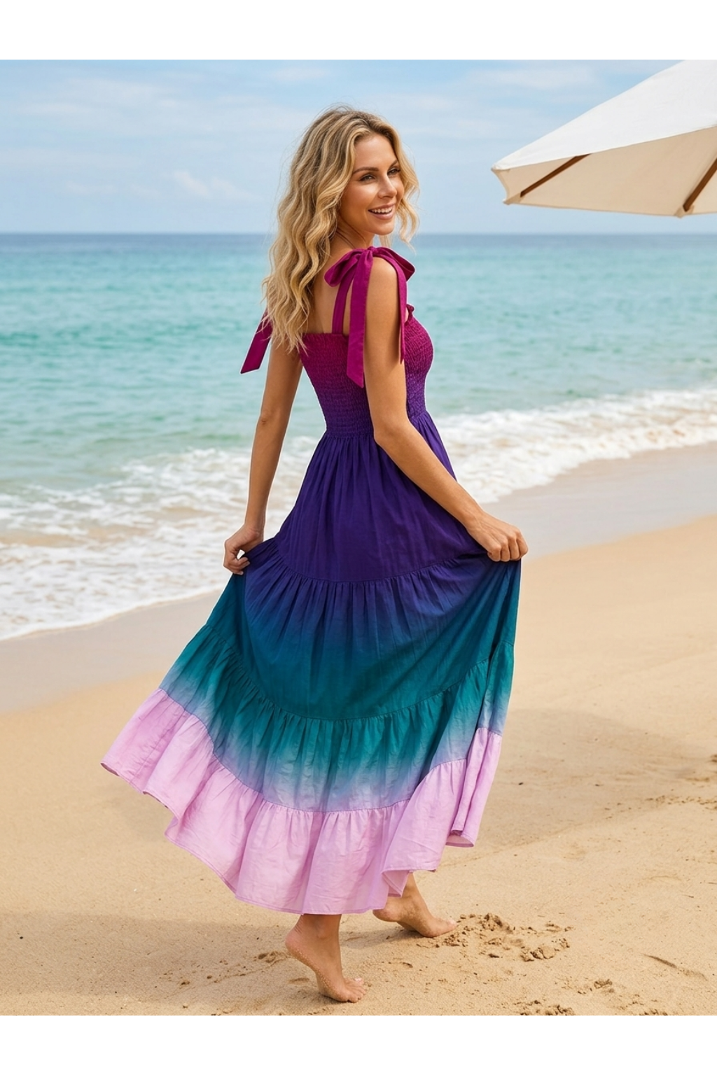 Basic Wear Club | Women's Tie-Strap Tiered Beach Maxi Sundress | One Size (Fits Up to 85 KG)