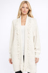 Textured Knit Long Cardigan – Open Front with Fringe Trim