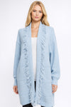 Textured Knit Long Cardigan – Open Front with Fringe Trim