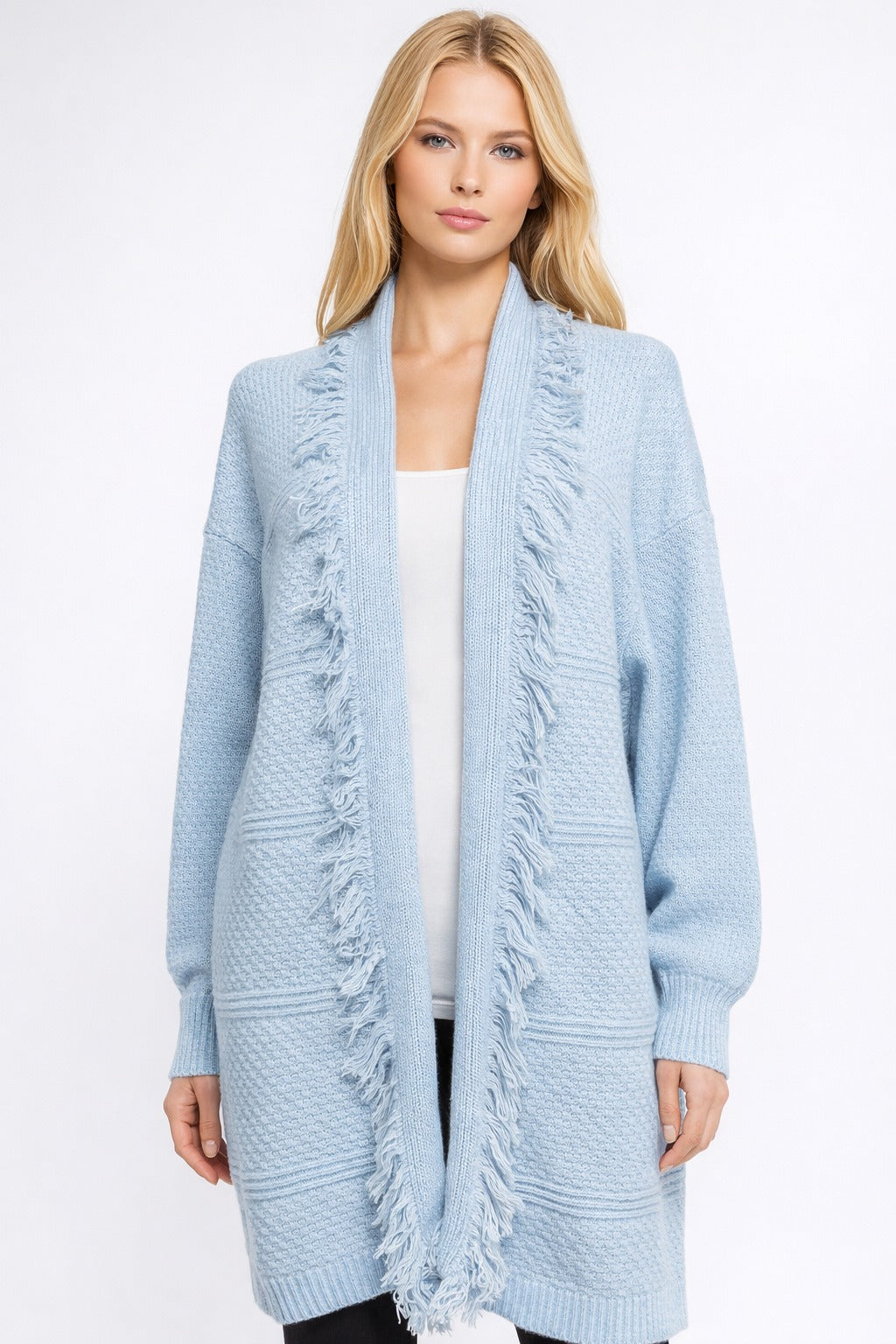 Textured Knit Long Cardigan – Open Front with Fringe Trim