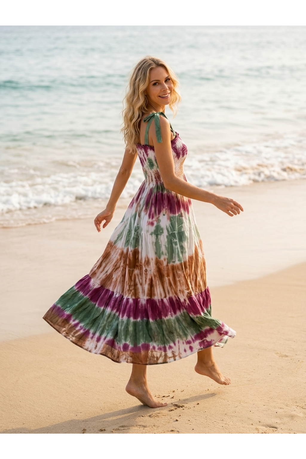 Basic Wear Club | Women's Tie-Strap Tiered Beach Maxi Sundress | One Size (Fits Up to 85 KG)