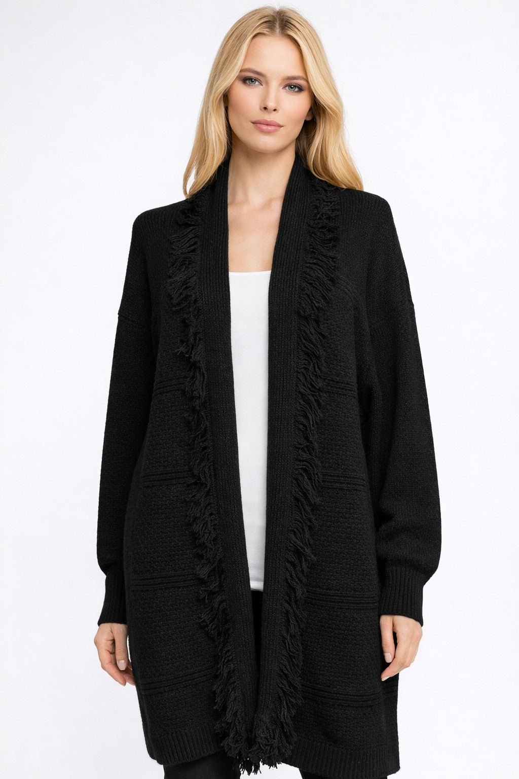Textured Knit Long Cardigan – Open Front with Fringe Trim