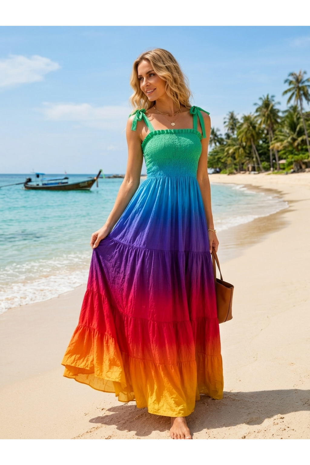 Basic Wear Club | Women's Tie-Strap Tiered Beach Maxi Sundress | One Size (Fits Up to 85 KG)