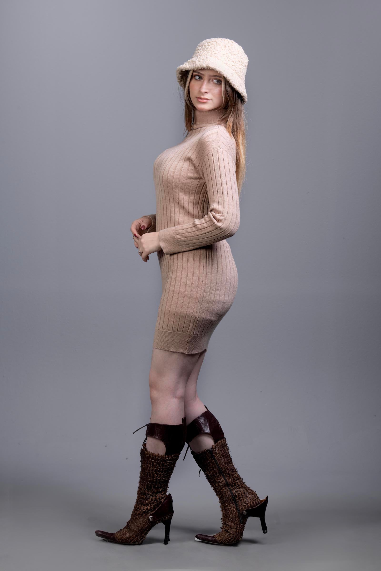 Basic Wear Club | Dress | Cotton |High Neck | Beige Knit Mini Dress