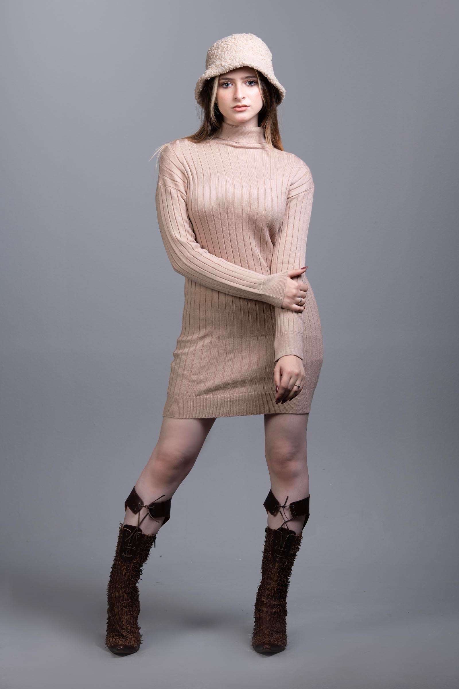 Basic Wear Club | Dress | Cotton |High Neck | beige Knit Mini Dress