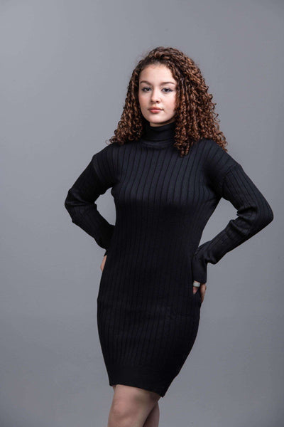 Basic Wear Club | Dress | Cotton |High Neck | Black Knit Mini Dress