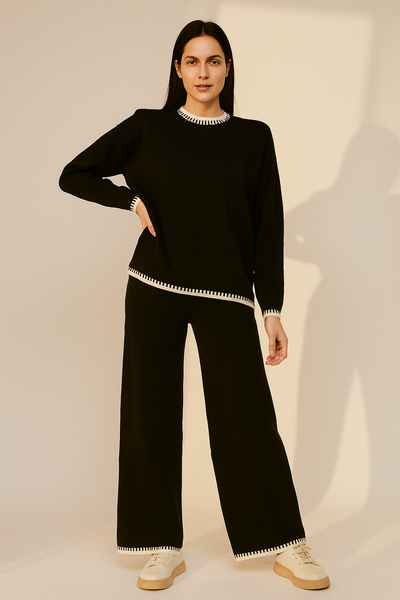 Black Two-Piece Knit Lounge Set with Contrast Trim
