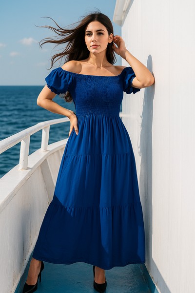 Blue | Plain Rayon Cotton Maxi Dress | Basic Wear Club