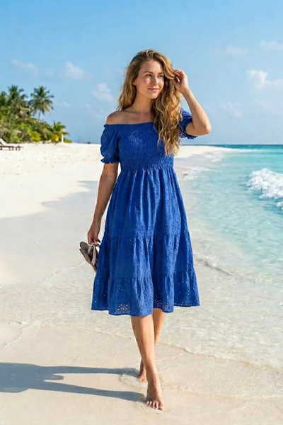 Blue | Embroidered Cotton Short Sleeves Dress | Basic Wear Club